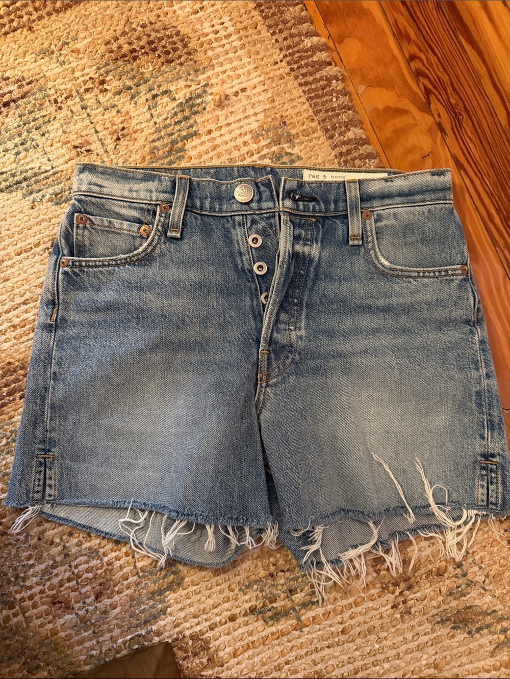 rag & bone Light Blue Button-Front Distressed Denim Shorts